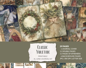 May include: A printable junk journal kit with a vintage aesthetic featuring images of a winter forest, a stag, a wreath, a bearded man with a crown of leaves, and a woman holding a candle. The kit includes 29 pages, 1 journal cover, 11 double pages, 11 pages of ephemera, 6 background pages, and is 300 DPI in letter size.