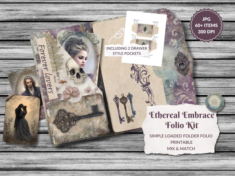 May include: A vintage-style folio kit with a romantic theme. The kit includes printable elements such as a skull, keys, and portraits. The color palette features muted tones of beige, purple, and brown. The kit includes 2 drawer style pockets.