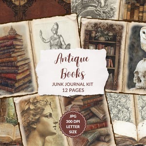 May include: A digital junk journal kit featuring 12 pages of antique book images. The pages include images of stacks of books, a bookshelf, an owl perched on a skull, and a woman's face. The text "Antique Books Junk Journal Kit 12 Pages" is displayed on a white background.