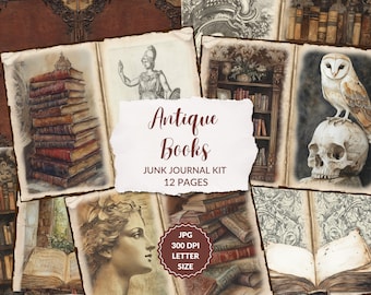 Antique Books | Junk Journal Kit, antique book printable, dark academia pages, secret library ephemera, digital download, vintage bookstore