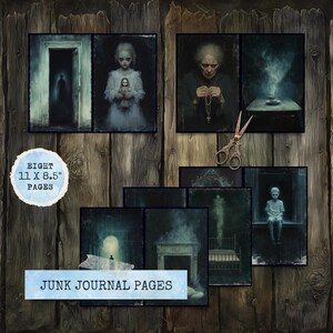 May include: Eight 27.9 x 21.6 cm junk journal pages featuring dark, vintage illustrations. The images portray unsettling scenes, such as figures in doorways, a child with a doll, and a woman with a rosary. The overall style is gothic and eerie.