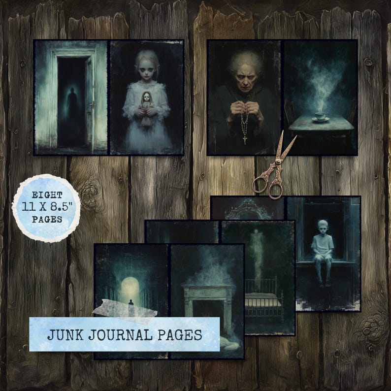 May include: Eight 27.9 x 21.6 cm junk journal pages featuring dark, vintage illustrations. The images portray unsettling scenes, such as figures in doorways, a child with a doll, and a woman with a rosary. The overall style is gothic and eerie.