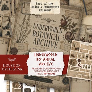 Könnte beinhalten: Eine Sammlung druckbarer Papier-Ephemera mit dem Underworld Botanical Archive. Das Set enthält Seiten im gealterten Pergamentstil mit botanischen Illustrationen, Granatapfelmotiven und Textetiketten zu Hades und Persephone.