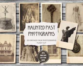 May include: A set of 28 vintage-style faux photographs with a spooky theme. The images include a ballerina, a chandelier, a key, a ghost, a house, a girl, a window, and a pendant. The images are in black and white and have a distressed, aged look. The text "Haunted Past Photographs" is written in a vintage font.