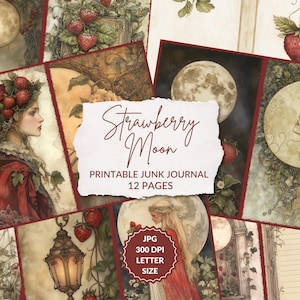 Strawberry Moon - Kit Junk Journal, éphémères imprimables sur les fraises, lune de juin, téléchargement numérique, céleste, phases lunaires traditionnelles imprimables