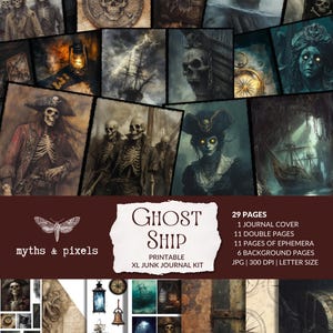 Ghost Ship - junk journal kit,  ghost pirate printable, cursed ocean, haunted sea, cursed treasure, treasure map, digital download