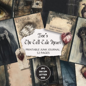 The Tell-Tale Heart, Junk Journal Kit, pagine stampabili di Edgar Allan Poe, dark academia, romanzo gotico stampabile, poe stampabile, poesia, omicidio
