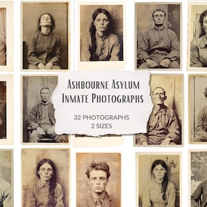 Op de afbeelding: Een verzameling van 32 zwart-witfoto's van mensen uit het Ashbourne Asylum. De foto's zijn in twee formaten en zijn gerangschikt in een raster.