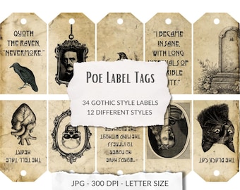 Edgar Allan Poe Printable Tag Set, 34 Gothic Halloween Tags, Raven Black Cat Ephemera, Dark Academia Junk Journal Labels
