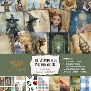 Diario digital basura del Mago de Oz: 29 páginas de imprimibles de diario vintage, kit de efímeras, imprimibles para álbumes de recortes y materiales para manualidades.