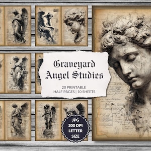 Könnte beinhalten: Eine Sammlung druckbarer Engelstudien in Sepiatönen. Die Bilder zeigen detaillierte Illustrationen von Engelsstatuen und -büsten mit dem Text "Graveyard Angel Studies" und Produktdetails.