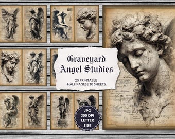 Weeping Angel Statue Studies - junk journal pages, printable angel illustrations, cemetery statue collage, gothic angels, instant download