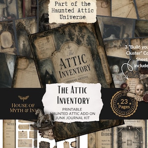 Könnte beinhalten: Ein druckbares Junk-Journal-Set mit dem Titel The Attic Inventory, das 23 Seiten mit Vintage-Ephemera enthält, darunter Collage-Bögen, ein Schlüsselregister und Bilder von einem Spuk-Dachboden in Sepia- und dunklen Farbtönen.