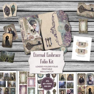 Könnte beinhalten: Eine Ansammlung von Ephemera im Vintage-Stil, darunter Karten, Schlüssel und Rahmen, angeordnet auf einer Holzoberfläche. Das zentrale Element ist ein Folio-Kit mit der Aufschrift "Eternal Embrace" und dem Text "Forever Lovers". Das Kit enthält über 60 Artikel und ist druckbar.