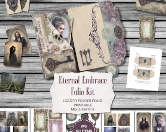 May include: An assortment of vintage-style ephemera, including cards, keys, and frames, arranged on a wooden surface. The central piece is a folio kit labeled "Eternal Embrace" with the text "Forever Lovers". The kit includes over 60 items and is printable.