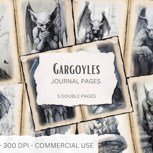 Gothic Gargoyle Journal Pages, vintage gothic statues, gothic architecture, horror halloween printable horror pages, scrapbook, paper crafts
