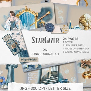 Stargazer Astronomy Junk Journal Kit, JPG, afdrukbare pagina's, maan- en sterren-ephemera, planeten, zon, hemel, astrologie digitale downloadcollage