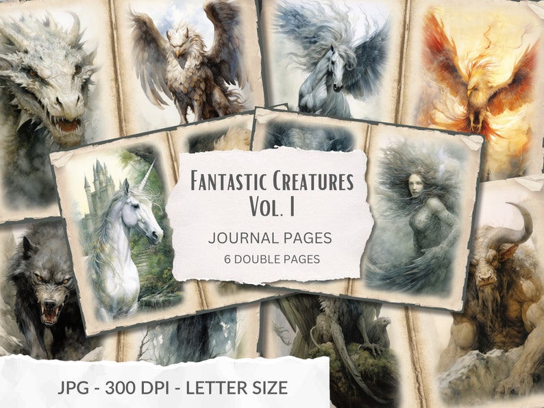Folklore creatures Journal Page, fantastic animals Illustration, magical beasts Background, Griffin, basilisc, Basilis, manticore, harpy, unicorn, fairytale creature, Journal Page, bestiarium, witchery, magic, Fantasy,wizard school, magic forest
