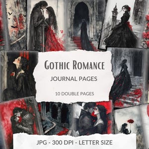 Gothic Romance Journal Pages, Horror, Halloween, Liefde, Held, Schurk, Prinses, Ridder, Junk Journal, Vampier, Nosferatu, Direct downloaden