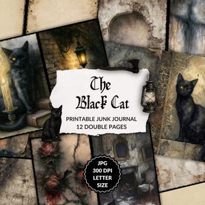 Könnte beinhalten: Eine Sammlung druckbarer Junk-Journal-Seiten mit schwarzen Katzen, gotischer Architektur, Kerzen und Laternen. Der zentrale Text lautet The Black Cat, Printable Junk Journal, 12 Double Pages, JPG, 300 DPI, Letter Size, auf gealtertem Papier.