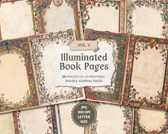 Medieval Style Illuminated Manuscript Vol. V, gothic junk journal pages, printable illuminated frames, frame border pages, instant download