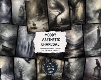 May include: A selection of moody aesthetic charcoal art prints in monochrome tones. The images portray scenes like landscapes, buildings, and figures. The text on the image reads "MOODY AESTHETIC CHARCOAL".