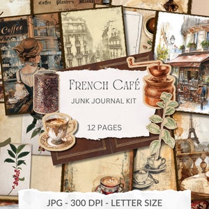 Coffee Junk Journal Kit, lembranças de café francês, JPG, páginas para impressão, papel digital, scrapbooking, colagem para impressão, chocolate, cafeteria