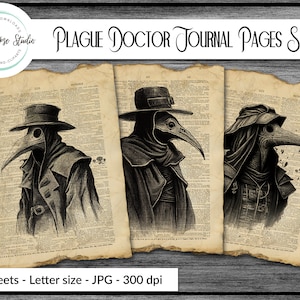Plague Doctor, printable Dictionary Pages - Set of 6 - medieval Horror, Black Death, Printable Wall Art, Journal pages, Scrapbook insert