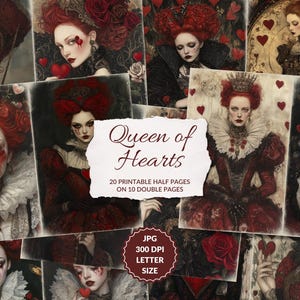 Queen of Hearts - 20 junk journal half pages, Alice in Wonderland, printable wonderland ephemera, gothic, Red Queen, instant download