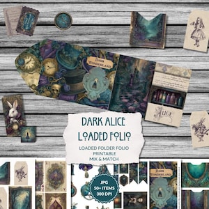May include: A collection of printable Dark Alice themed items. The image features a loaded folder folio, tags, and cards with illustrations of clocks, keys, and the White Rabbit. The color palette includes teal, purple, and brown.