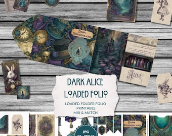 Dark Alice Folio Kit, 50 pieces, mix & match, gothic wonderland ephemera, haunted alice printable, instant download