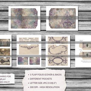 May include: A collection of vintage-style paper ephemera, including envelopes, pockets, and decorative elements. The designs feature floral and ornate patterns in muted purple, blue, and beige tones. The image includes text that reads "WATERMARKS FOR DISPLAY PURPOSES ONLY!"