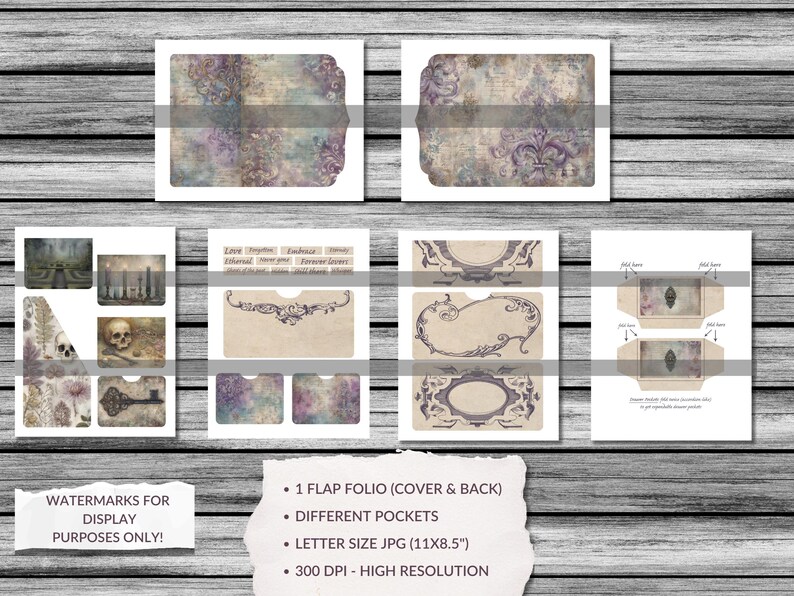 May include: A collection of vintage-style paper ephemera, including envelopes, pockets, and decorative elements. The designs feature floral and ornate patterns in muted purple, blue, and beige tones. The image includes text that reads "WATERMARKS FOR DISPLAY PURPOSES ONLY!"