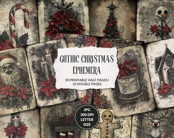 May include: A collection of printable ephemera featuring dark, aged-paper backgrounds with illustrations of a candy cane, poinsettias, a Christmas tree, a skeleton snowman, Santa Claus, candles, a house, a nutcracker, and a gingerbread man.