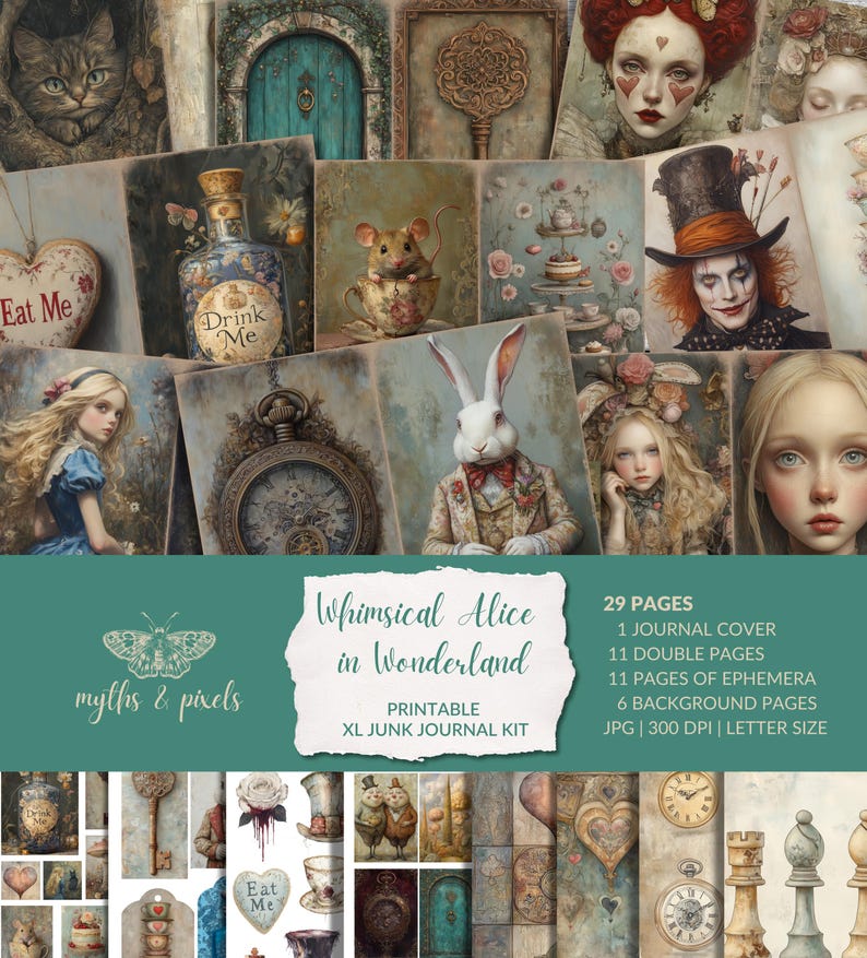 Alice in Wonderland - Junk Journal Kit - 29 Pages, Grunge, Whimsical ...