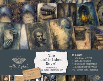 The Unfinished Novel Junk Journal Kit, Haunted Library Printable Ephemera, Dark Academia Journal Pages, Victorian Gothic Bundle