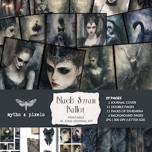 Könnte beinhalten: Eine digitale Collage mit einem druckbaren XL Junk Journal Kit "Black Swan Ballet". Die Kunstwerke zeigen Bilder von Ballerinas, Schwänen und gotischen Elementen. Das Kit enthält 29 Seiten, ein Journal-Cover, Doppelseiten, Ephemera und Hintergrundseiten.