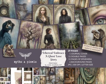 May include: A digital junk journal kit titled Ethereal Embrace A Ghost Love Story featuring 29 pages including a cover, double pages, ephemera, and backgrounds. The imagery displays gothic portraits, a maze, an angel, and a tree in muted tones.