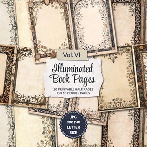 May include: A selection of vintage-style illuminated book pages with decorative borders. The pages display floral and scroll patterns. The text reads "Vol. VI Illuminated Book Pages" and "20 Printable Half Pages on 10 Double Pages".