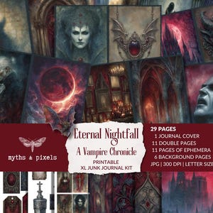 Eternal Nightfall - A Vampire's Archive Journal Kit, dark fantasy printable, nocturne, gothic scrapbook pages, red, black, instant download
