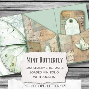 Kit de folio plegable con diseño de mariposas de menta, diario basura, verde pastel, desgastado, grunge, papel digital, JPG, páginas imprimibles, bolsillos