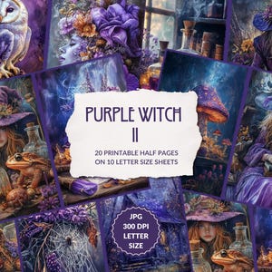 Puede incluir: Una colección de impresiones digitales titulada Purple Witch II, que incluye 20 medias páginas imprimibles en 10 hojas tamaño carta. Las imágenes muestran brujas con sombreros morados, búhos, ranas, setas y botellas de vidrio.