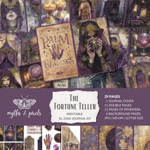 Kit de diario basura para adivinos, lectura de la palma de la mano, cartas de tarot imprimibles, bola de cristal, conoce tu destino, quiromancia, místico, descarga digital