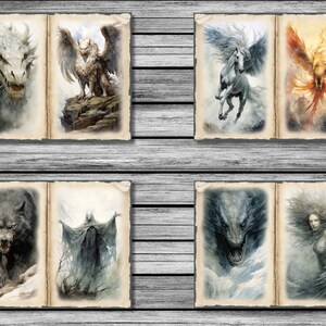 Peut inclure: Une collection de six couvertures de livres de style vintage repr&eacute;sentant des cr&eacute;atures mythologiques. Les couvertures sont illustr&eacute;es avec un dragon blanc, un griffon, un cheval ail&eacute; blanc, un ph&eacute;nix, un loup noir et une femme aux longs cheveux.