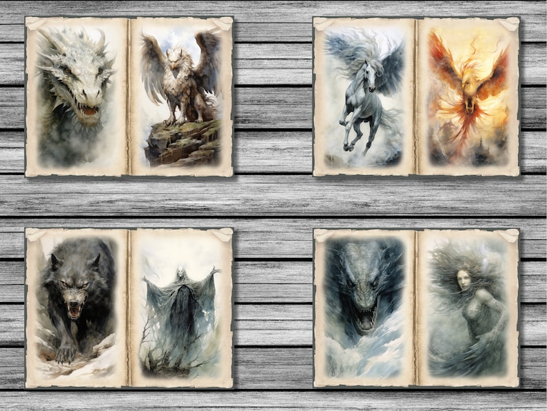 Peut inclure: Une collection de six couvertures de livres de style vintage repr&eacute;sentant des cr&eacute;atures mythologiques. Les couvertures sont illustr&eacute;es avec un dragon blanc, un griffon, un cheval ail&eacute; blanc, un ph&eacute;nix, un loup noir et une femme aux longs cheveux.