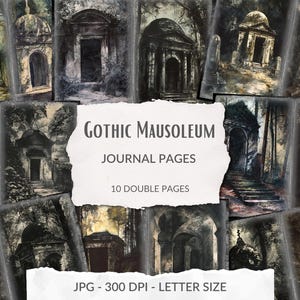 Haunted Mausoleum - printable gothic journal pages, graveyard, cemetery, moonlight, sinister, architecture backgrounds, instant download