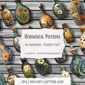 Könnte beinhalten: Eine Sammlung von 41 fantasievollen Zaubertrankflaschen mit filigranen Designs und farbenfrohen Blumenmustern. Die Flaschen sind auf einem weißen Holzgrund angeordnet. Der Text "Whimsical Potions", "41 Images - Fussy Cut", "3 Sheets - White Background" und "JPG | 300 DPI | Letter Size" ist auf einem weißen Papierhintergrund gedruckt.
