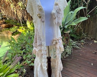 Bohemian romantic shabby chic artsy duster coat short sleeve lace cover embellished with a dream flower bed BohobyDarija Small to Medium