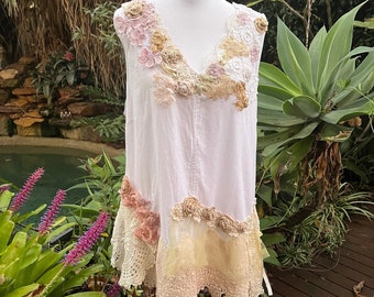 Bohemian shabby chic magnolia pearl inspired linen blend top artsy embellished whimsical flowers BohobyDarija fits XL