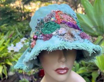 Bohemian embellished Artsy denim bucket hat, Boho hippie embroidered upcycled vintage flowers BohobyDarija